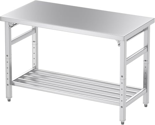 Mioleu 36 x 24 Inch Commercial Foldable Stainless Steel Table with Adjustable Undershelf & Feet