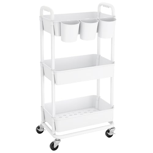 3-Tier White Plastic Rolling Storage Cart with Lockable Wheels & Hanging Cups – 3-Tier Utility Cart