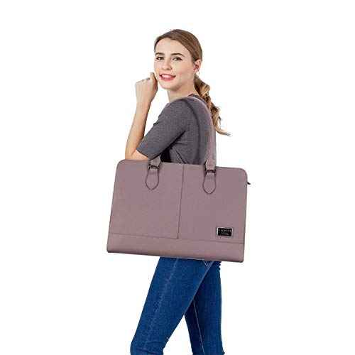 MOSISO Women Laptop Tote Bag (15-16 inch), PU Leather Large Capacity with 3 Layer Compartments Business Work Briefcase Shoulder Laptop Bag, Purple