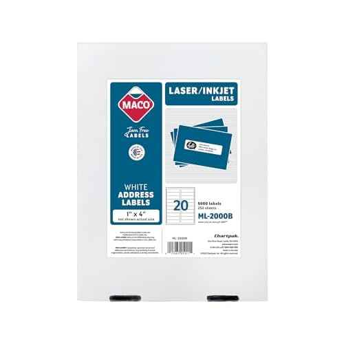 MACO Printable Labels for Mailing - Laser/Ink Jet Compatible Shipping Address Labels, 20 per Sheet, 1" x 4", Box of 250 Pages/5000 Labels, White