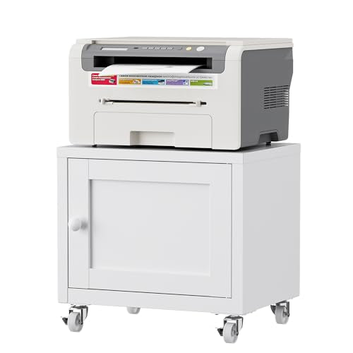 Small Printer Stand with Storage, Home Office Printer Table for Small Spaces, Under-Desk 3D Printer Stand with Wheels, for Office Copier and Fax Machine, White