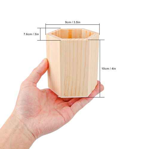 18 Pack Hexagon Unfinished Wooden Pencil Holder, 3 x 3 x 4 Inch Wood Pencil Cup Holder, Wood Crafts Pencil Cup for Desk, Office, DIY Project