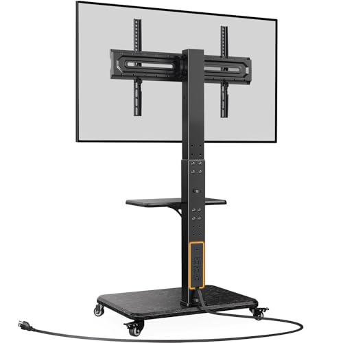Perlegear Black Mobile TV Stand for 32-75 Inch TVs with Power Outlet & Adjustable Height