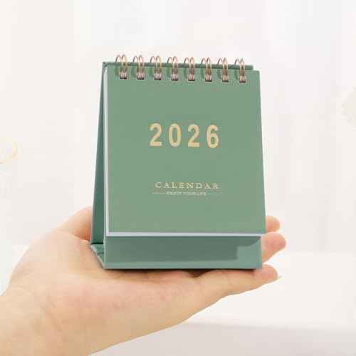 Mini Desk Calendar 2025-2026 - Runs From Now until Dec 2026 Monthy Small Desktop Calendar 250 GSM Thick Paper Twin-Wire Binding for Home or Office (Green)