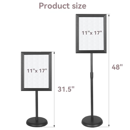 YDisplay Adjustable Sign Holder Stand with Base 11x17inches Aluminum Snap Open Frame Pedestal Sign Stand,Vertical and Horizontal View Sign Displayed, Round Base for Church Shool Office,Black