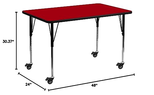 Flash Furniture Mobile 24''W x 48''L Rectangular Red Thermal Laminate Activity Table - Standard Height Adjustable Legs