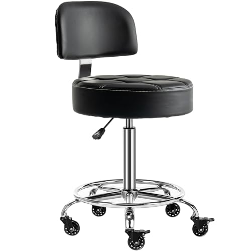 Lockable Rolling Stool with Backrest & Foot Rest, 24-31in Adjustable Height, Black – CoVibrant