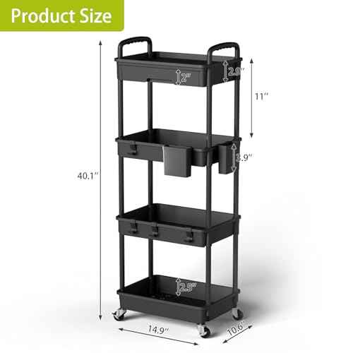 4 Tier Rolling Cart Organizer,Art Craft Diaper Bedside Snack Laundry Room Bathroom Organizer Narrow Thin Slim Rolling Trolley Utility Cart with Wheels for Kitchen,Office(Black)