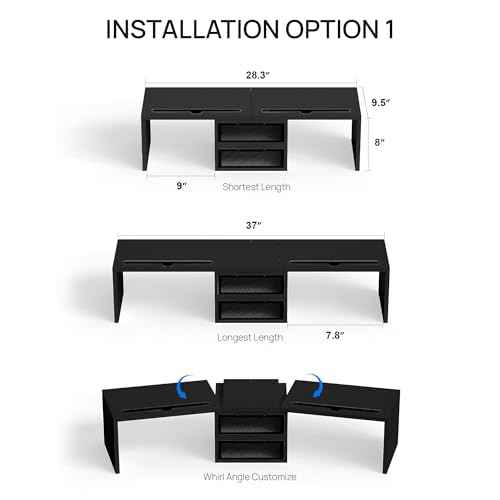 ZIFTY Dual Monitor Stand Riser with 2 Drawer and Smartphone Holder, Desk Organizer for 3 Monitors, Adjustable Length & Angle Workspace Organizers for Monitors Laptop Printer Computer, Black