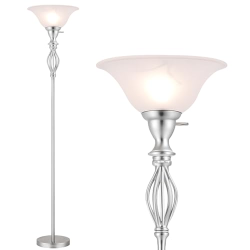 LIGHTACCENTS Torchiere Floor Lamp with White Alabaster Glass Shade ? Tall Standing Lamp with Iron Scrollwork and Brushed Nickel Finish ? Modern Floor Lamp for Living Room and Office