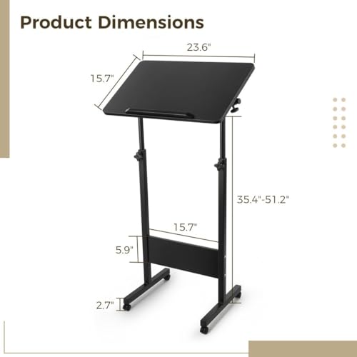Joyoolife Black Portable Podium Stand with Rolling Wheels Lectern, Adjustable Height