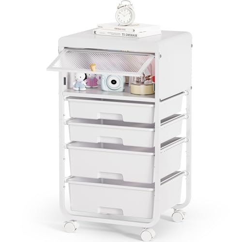 Utility-Rolling-Storage-Drawer-Craft-Cart-Organizers with 4 Drawers & Dust-proof Door for Kid Craft Art Room,Bedroom,Home Office, Craft Drawer cart, Classic White