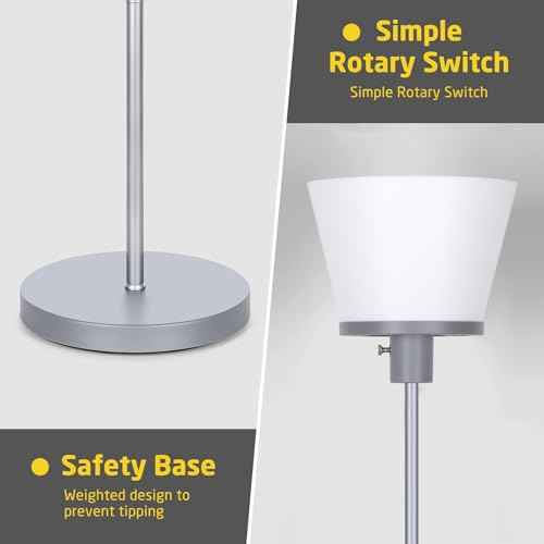 Standing Lamp for Bedroom, LED Modern Floor Lamp for Living Room Office, Sliver Tall Bright Floor Lamp with White Plastic Shade, Bulb Not Included.