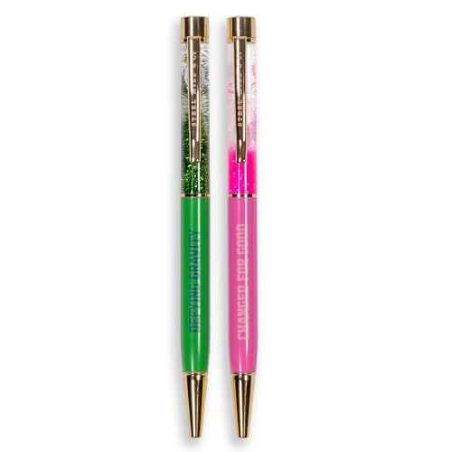 Steel Mill & Co Glitter Bomb Pen Set of 2, Wicked-Inspired Ballpoint Pens with Quotes, Sparkling Pens with Black Ink, Giftable Office Supplies (Pink and Green)