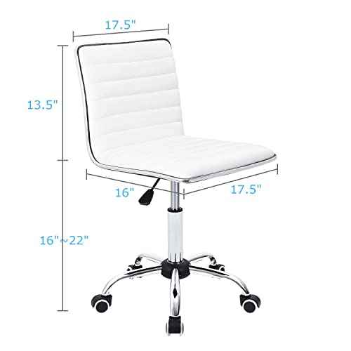 Furmax Mid Back Vanity Chair for Makeup Room, Low Back PU Leather Swivel Computer Desk, Task and Office Chair Retro with Armless Ribbed (White)