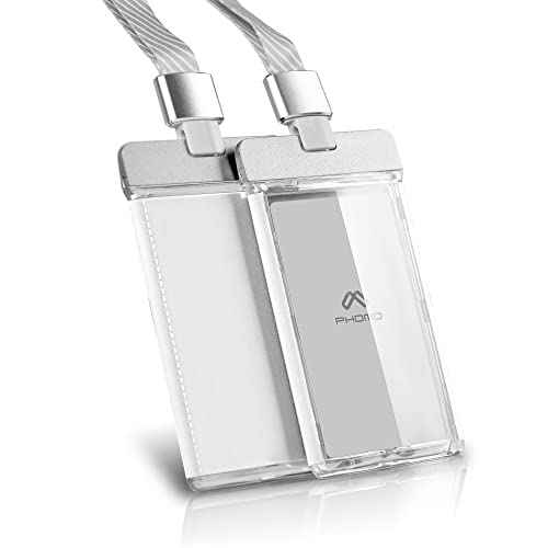 Phomo Aluminum ID Badge Holder/Wallet with Metal Clip and Badge Lanyard, Heavy Duty Vertical Transparent Hard Acrylic ID Card Holder. (Holds 1to 3 Cards) (White, 5-pcs)