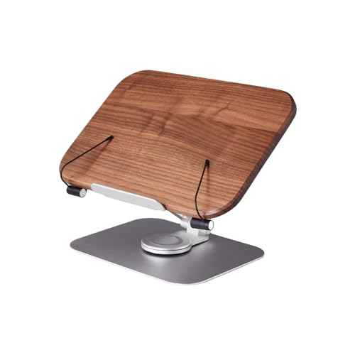 Book Stand for Reading, Mayhas Adjustable Book Holder with 360¡Æ Swivel Base&Page Clips, Foldable Desktop Stand for Cookbook, Fits All Books (Walnut, Aluminum Base)