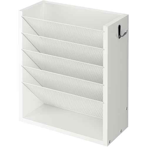 Hanging Wall File Organizer, 6 Tier Wood Wall File Holder with 2 Hooks, Mail Organizer Wall Mounted with Bottom Flat Tray, Vertical Paper Desk Storage for Office, Home, White