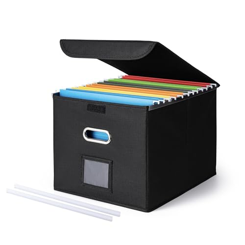 CADONO Black File Organizer Box with Lid, Collapsible Hanging Storage for Office & Home - 14.9x12.6x10.8 inch