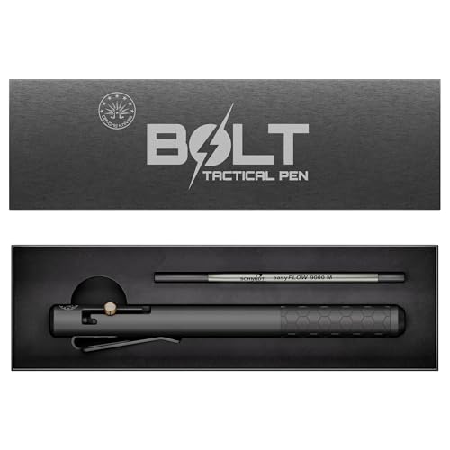 Off-Grid Knives BOLT Tactical Pen with Tungsten Carbide Glass Breaker, Overbuilt Bolt Action XL Writing Tool, Aircraft Aluminum, German Ink, Stainless Steel Clip (Blackout)