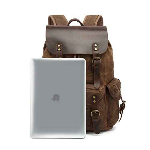 Genuine Leather Canvas waxed Backpack Travel Rucksack Laptop Bag Army Green