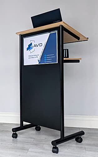 Wheeled Lectern - Standing Desk with Storage Shelf in Beech/Black (AV Direct) - Ideal for Presentations & Laptop