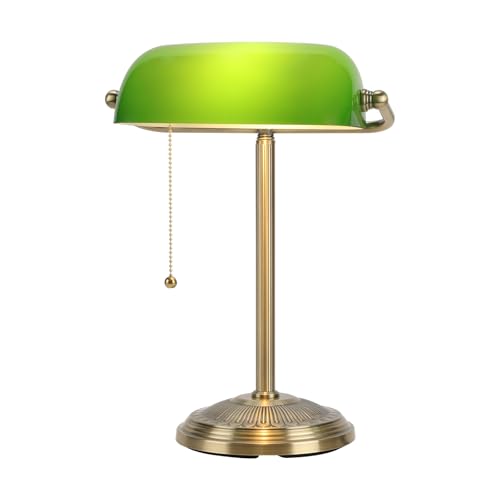 Bankers Lamp, Green Desk Lamp with Brass Finish, Classic Table Lamp with Pull Switch for Home, Office, Study (Green)