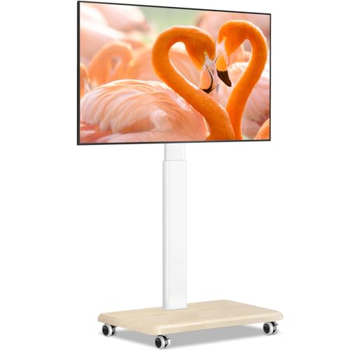 TVON 32-70 inch Rolling TV Stand with Wooden Base, White (Swivel 30°, 9-Height, Cable Management)
