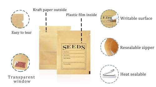 FERENLI 100 Pack Seed Envelopes with Clear Window, Resealable Kraft Paper Packets - 2.7x3.7 Inch
