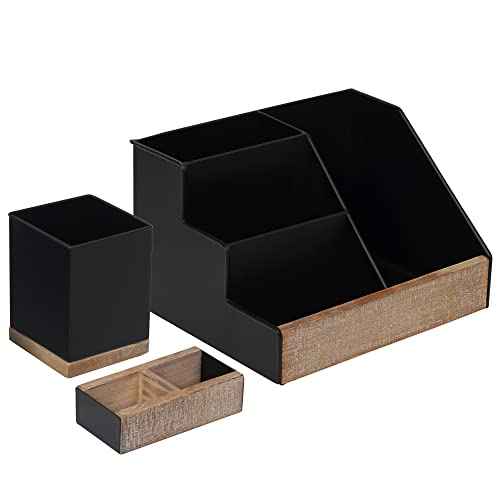 HBCY Creations 3 PIECE Black Metal Desk Organizer Set | Rustic Mail Organizer Desktop | Rustic Industrial Home Decor