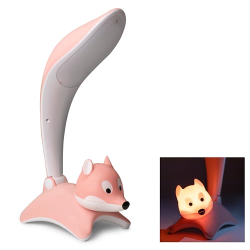Cute Desk Lamp for Kids, Dimmable, Bright LED Study Light for Desk with Night Light, Cool Fox Lamp for Girls Room Decor, Back to School Supplies, Funny Gift Idea for Kids, Boys, Girls, Pink