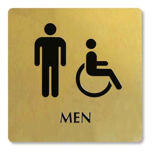 SmartSign 9 x 9 inch Mens Restroom Sign with Men/Handicap Accessible Wheelchair Pictograms, 40 mil Brass Metal, Engraved, Door/Wall Mount Bathroom Sign, Gold and Black