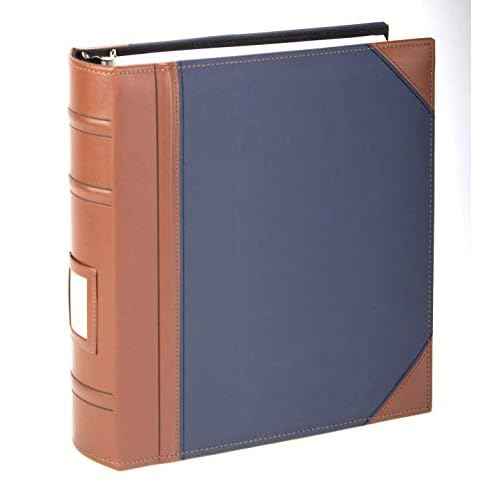 Executive Binder, English Leather 2 Tone with Stitching and Ribbed Spine, Heavy Duty 1 1/2" Inch 3 D-ring with Buster, Holds 225 8.5"x 11" Sheets With Memo Tag On Spine Blue