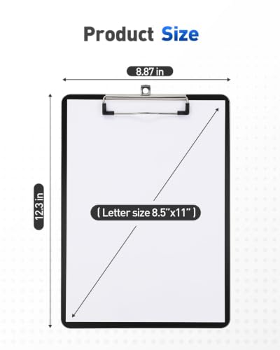 Dynta 10 Pack Plastic Clipboard 8.5x11 with Low-Profile Clip Black - Includes Hanging Loop