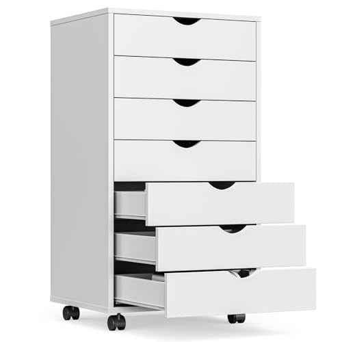 OLIXIS 7 Drawer Mobile File Cabinet Under Desk Storage Organization with Wheels Vertical Filing Chest Rolling Wood Small Desk Printer Stand for Home Office, 15.75"D x 18.74"W x 34.25"H, White