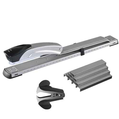 Long Reach Stapler,with 2000 Staples & Stapler Remover Full Strip£¬20-25 Sheet Capacity,with Built-in Ruler and Adjustable Locking Paper Guide, Silvery
