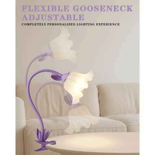Flower Desk Lamp with Clamp - School Dorm Supplies, 3 Color Modes Flower Eye-Caring Clip on Light, Flexible Gooseneck Reading Lamps for Home College Studying Room Bedside (Purple)