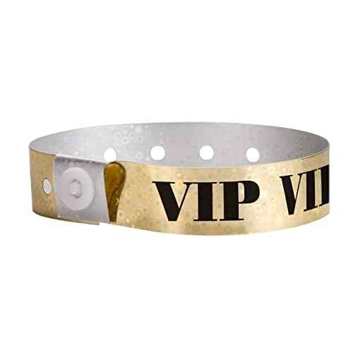 500 WristCo Premium Holographic Gold VIP Plastic Secure Snap Wristbands - 5/8" x 10" - Adjustable Size Event Bracelets, Waterproof, Durable, Wrist Bands for Waterparks Concerts Festival