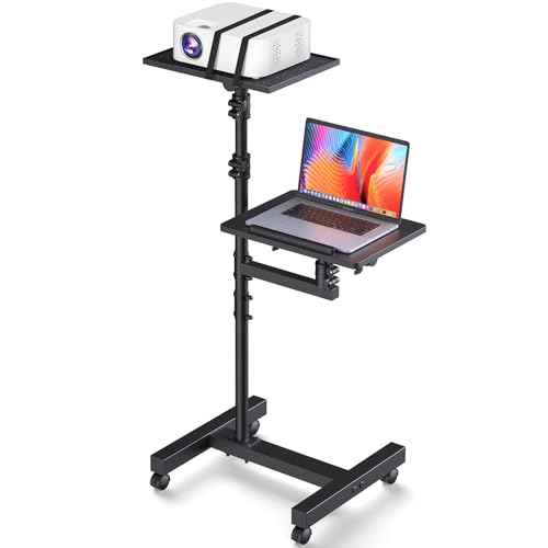 2 Shelves Projector Stand Tripod, Height Adjustable Max 64", Mobile Laptop Cart on Wheels Projector Tripod Stand, Overbed Table with Wheels, Rolling Laptop Floor Stand for Couch