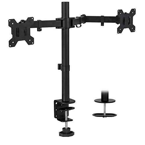 Mount-It! Dual Monitor Mount | Double Monitor Desk Stand | Interchangeable C-Clamp and Grommet Base | Two Heavy Duty Height Adjustable Arms Fit 2 Computer Screens 19 21.5 24 27 32 Inches | VESA 75 100
