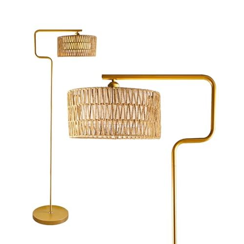 Lightdot 62IN Arc Rattan Floor Lamps for Living Room, Boho Standing Lamp with Rattan& Linen Double Lampshades, E26 3000K Soft Warm White Bohemian Caged Floor Lamp for Bedroom, Office-Gold