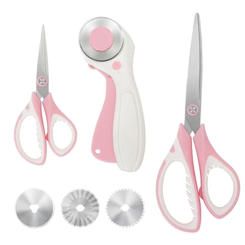 MANUFORE Pink Professional Sewing Scissors Set: Big and Small Scissors, Rotary Cutter with 3pcs Extra Blades for Cutting Fabric