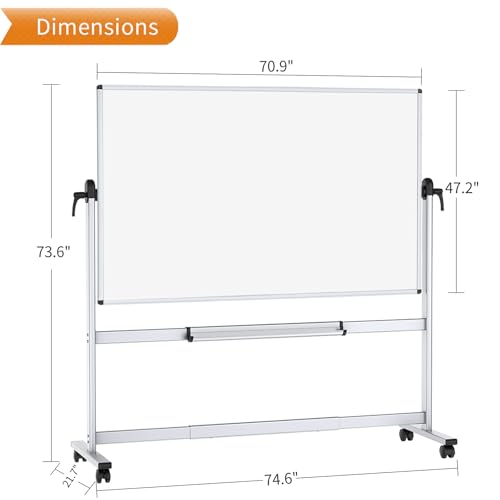 VIZ-PRO Double-Sided Mobile Projection Writing Whiteboard, 72 x 48 Inches, Large Magnetic Rolling Dry Erase Board & Projector Screen with Aluminium Stand