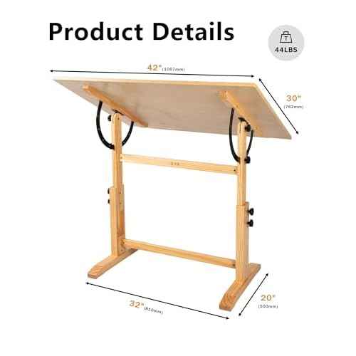 DJAR Adjustable Wooden Drawing Table, 42"x30" Artist Drafting Desk for Painting, Sketching, Writing, Natural