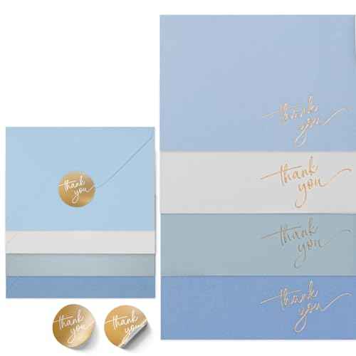 Gold Foil Thank You Cards - Bulk Pack of 40, 5x3.5 Inch with Matching Stickers & Envelopes (Blue) Textured Surface for a Unique Feel - Suitable for Baby Shower, Wedding, Small Business, Graduation