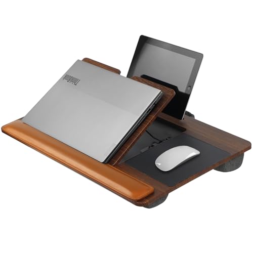 Wooden Laptop Tray with Leather Wrist Pad - Adjustable Angle Lap Desk with Cushion, Laptops Table for Couch,Bed, Fits Laptops Up to 17 Inches, Lap Laptop Desk with Mouse Pad, Brown