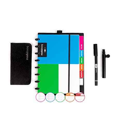 MODUBOOQ organizer, block - Modular Reusable Smart Notebook A5 - Notebook with Tabs & Discbound System - 40 modular pages with duratech3 technology - Washable and writes like paper