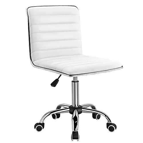 Furmax Mid Back Vanity Chair for Makeup Room, Low Back PU Leather Swivel Computer Desk, Task and Office Chair Retro with Armless Ribbed (White)