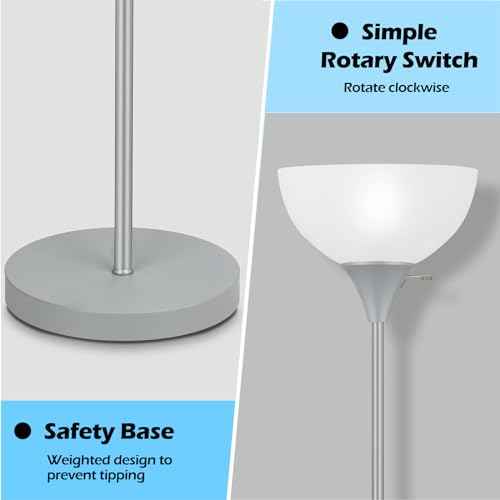 Floor Lamp, LED Standing Lamps with White Plastic Shade, Corner Floor Lights for Living Room Bedroom, Rotary Switch, Bulb not Included, Grey