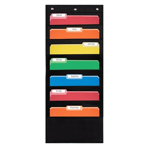 Essex Wares - 7 Pocket File Pocket Chart, Black, Tall - Versatile Wall Hanging File Folder Organizer for Classroom, Office, Home, and More - Wall Folder Organizer - 7 Pockets
